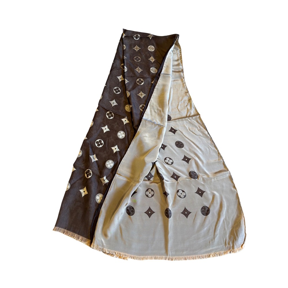 Louis Vuitton VL Silk Monogram Fleur Stole Brown Gold Reversible St Petersburg